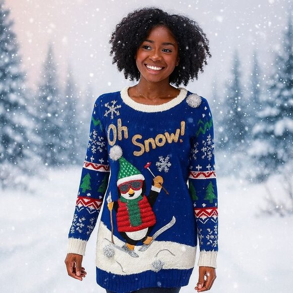 Ugly Christmas Fuzzy Tunic Sweater Size M Penguin Blue Pullover Winter Ski Poms - Picture 1 of 12
